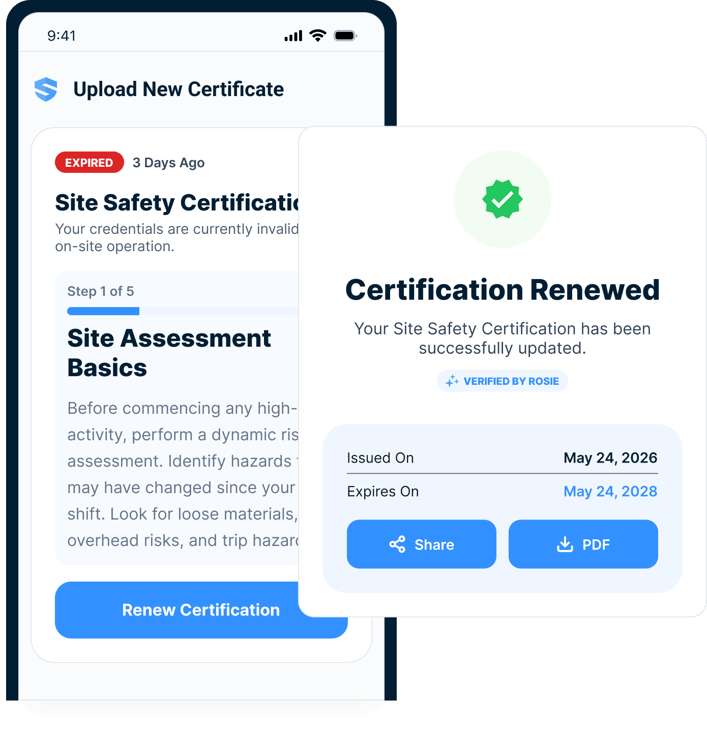 A worker uploads a new certificate from the phone and sees Certification Renewed