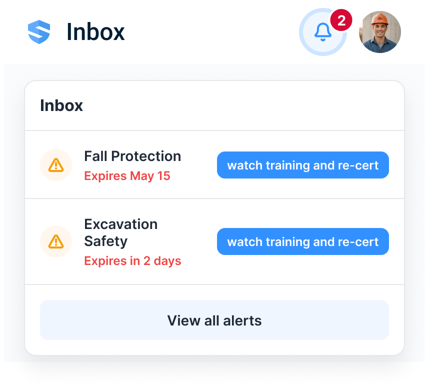 A renewal inbox tracking upcoming certificate expiries and assigned training across the company