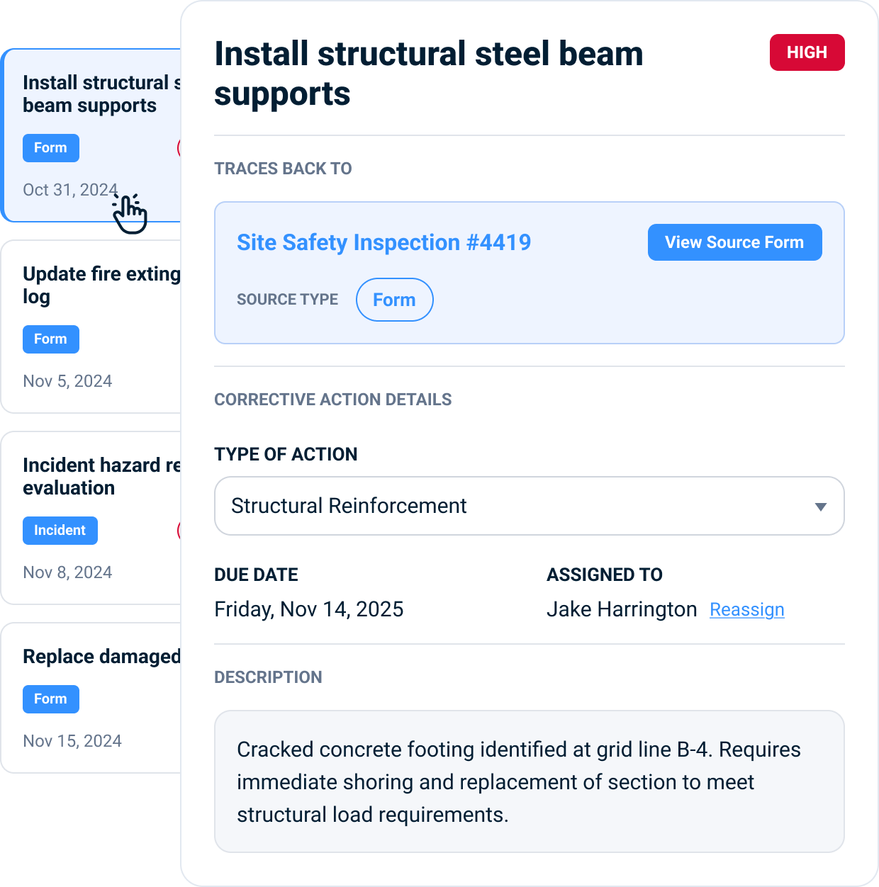A high-priority corrective action for installing structural steel beam supports traced back to Site Safety Inspection #4419, with source form, due date, assignee, action type, and description