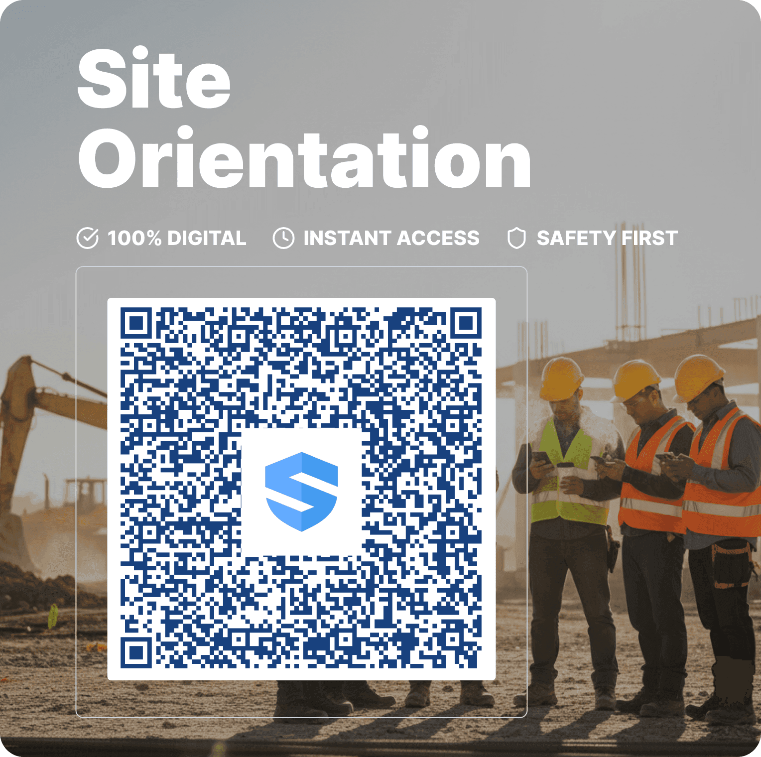A site orientation QR code at the gate — 100% digital, instant access, workers complete it on their phones