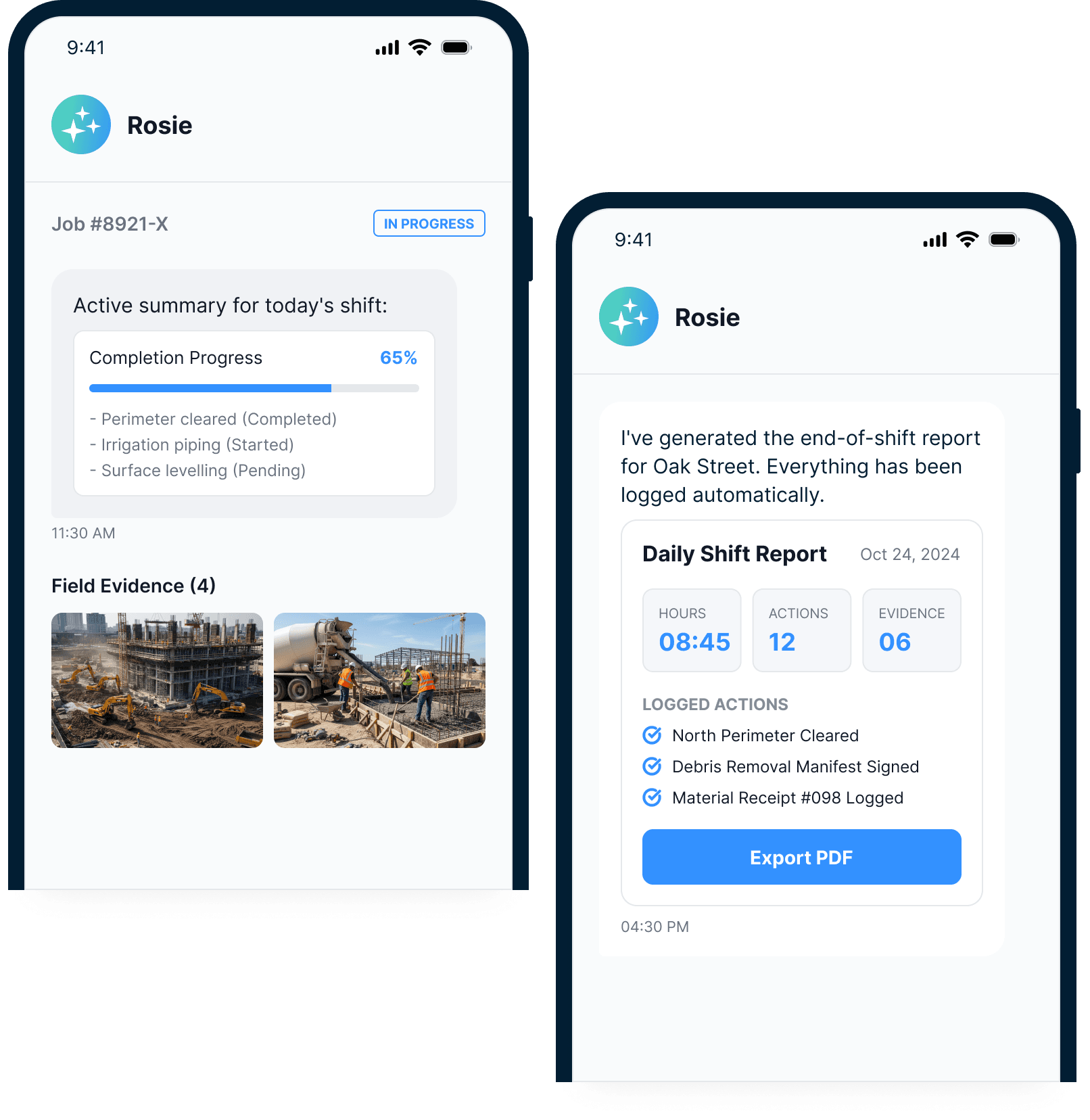 Rosie automatically generating an end-of-shift daily report from activity captured throughout the day