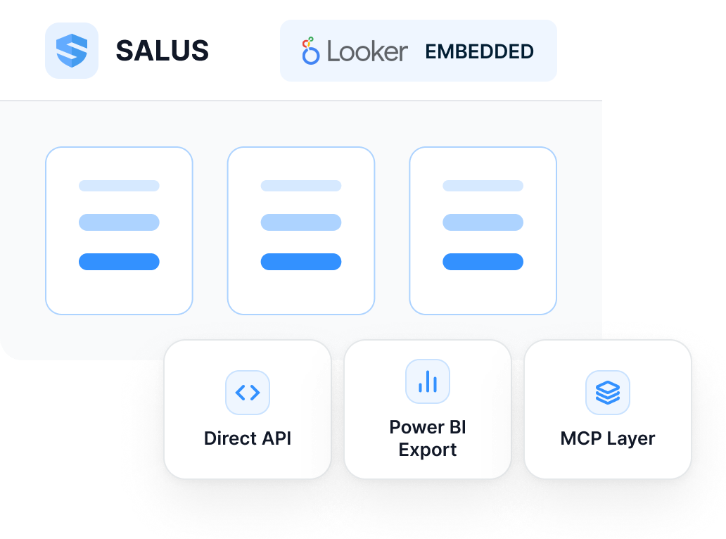 The SALUS interface with a 'Looker embedded' badge above report cards, and three access tiles for Direct API, Power BI Export, and MCP Layer