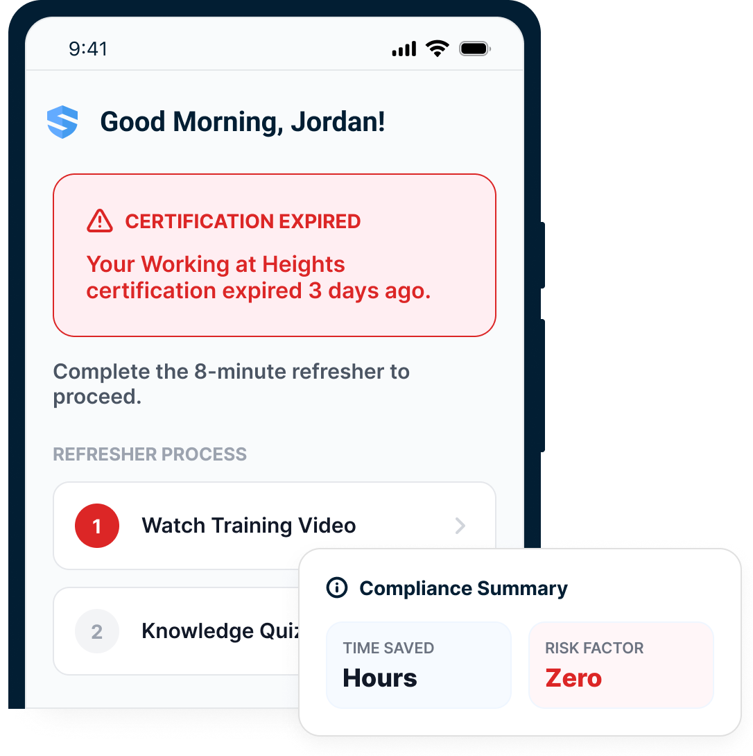 A certification expiry caught on the worker's phone — complete the 8-minute refresher to proceed, hours saved, risk factor zero