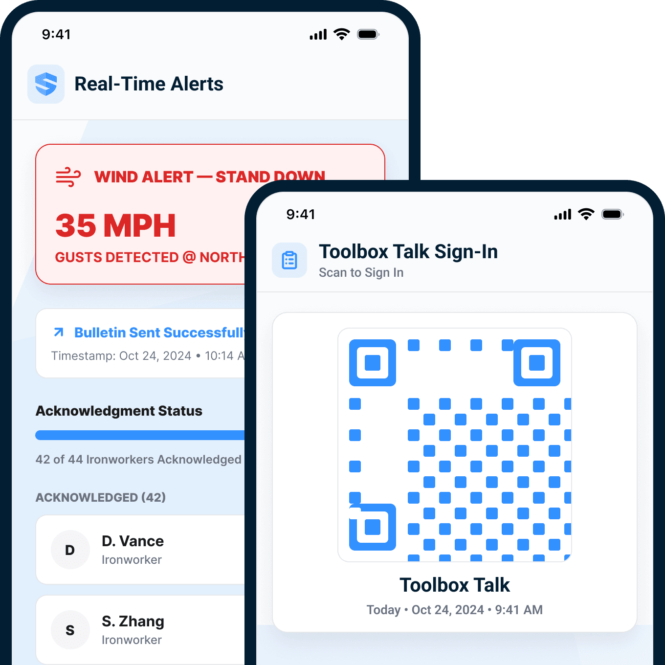 A wind stand-down alert pushed in real time — 42 of 44 ironworkers acknowledged, tracked by name, with QR toolbox sign-in
